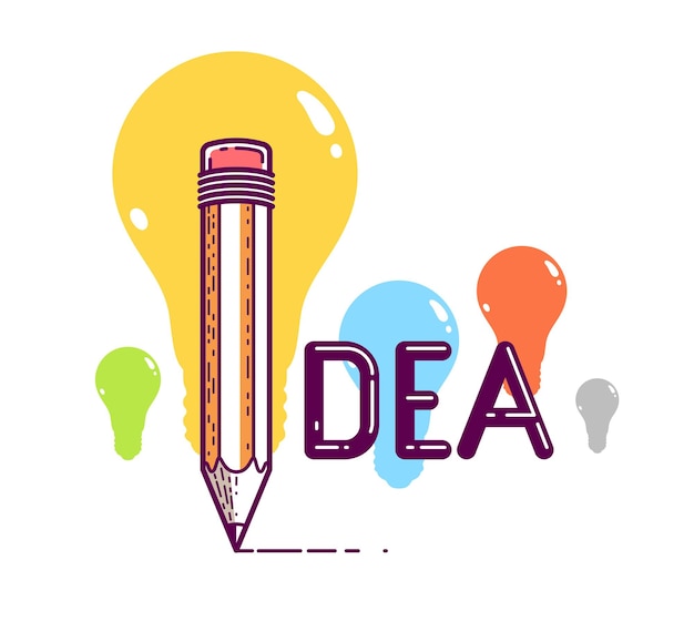 Parola idea con matita invece della lettera i, creatività e concetto di brainstorming, logo creativo concettuale vettoriale o poster realizzato con caratteri speciali.