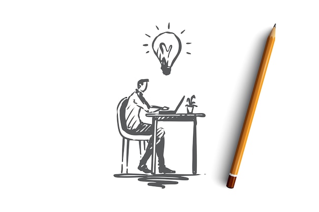 Идея, работа, бизнес, ноутбук, концепция творчества. нарисованный рукой человек имеет идею во время работы с эскизом концепции ноутбука. иллюстрация.