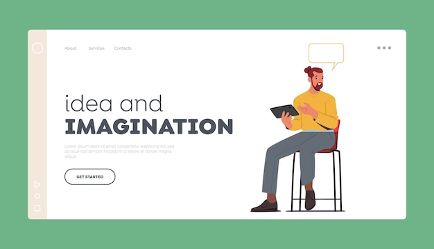 Idee en verbeelding Landing Page Template Jonge man met tablet pc in handen zitten op hoge stoel in Office illustratie