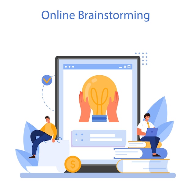 Idee online service of platform Creatieve innovatie of het genereren van zakelijke oplossingen Online brainstormen Platte vectorillustratie