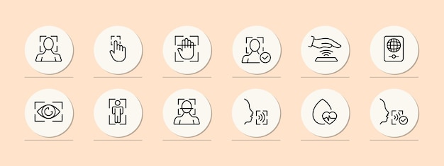 Identification set icon DNA rna face recognition two factor verification fingerprint biometrics pulse face ID Authentication concept Pastel color background Vector line icon