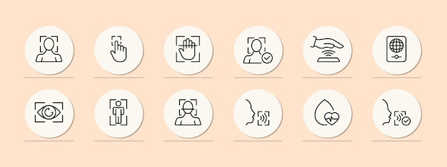 Identification set icon DNA rna face recognition two factor verification fingerprint biometrics pulse face ID Authentication concept Pastel color background Vector line icon