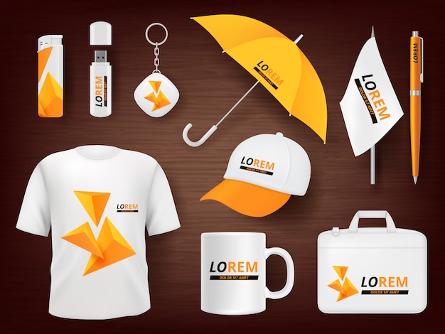 Identiteit. zakelijke corporate souvenir promotie briefpapier items uniforme badges pakketten pen lichtere dop realistisch