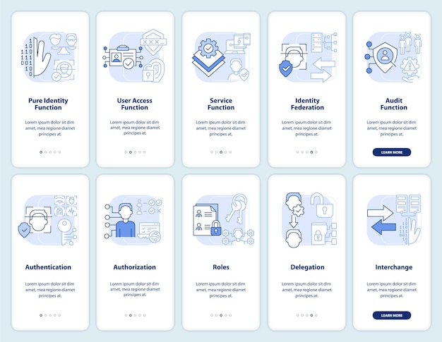 Identiteitsbeheer lichtblauwe onboarding mobiele app-schermset