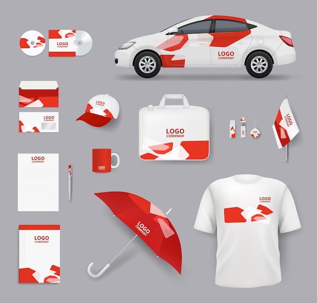 Identity set. business souvenirs corporate products cards blank stationery tools cars vector identity elements collection. business corporate company, design cap, t-shirt and card illustration