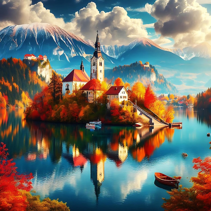 Vector idyllic autumn getaway stunning mountain views and lakeside serenity photos