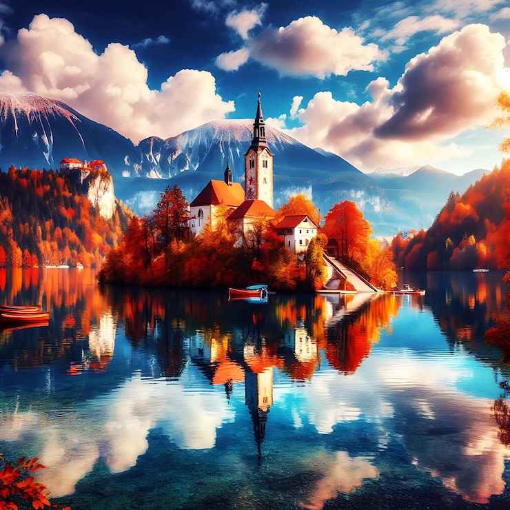 Vector idyllic autumn getaway stunning mountain views and lakeside serenity photos