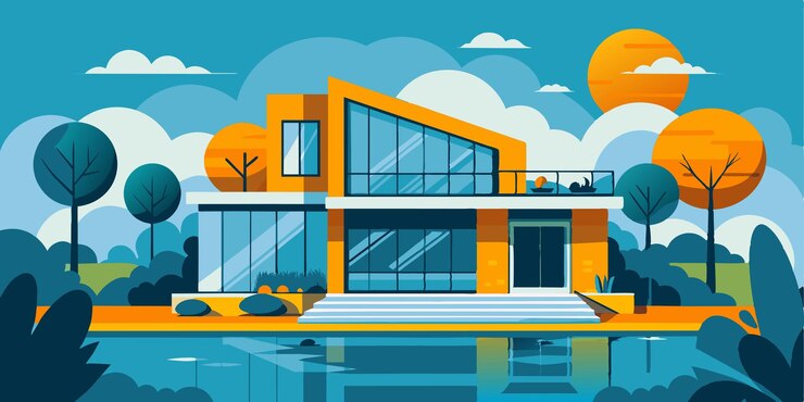 वेक्टर idyllic lakeside home enjoy nature beauty in a peaceful setting