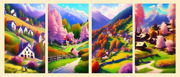 Idyllic mountain landscape in alps with blooming meadows in springtime with small houses and a road