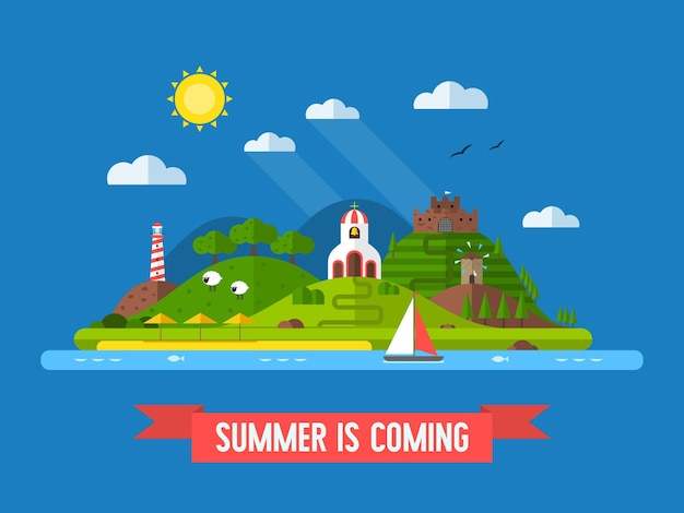 Idyllic travel island landscape with green hills, beach, church, mill, fortress, lighthouse and sail boat. Summertime vacation background in flat design. Summer is coming concept vector illustration