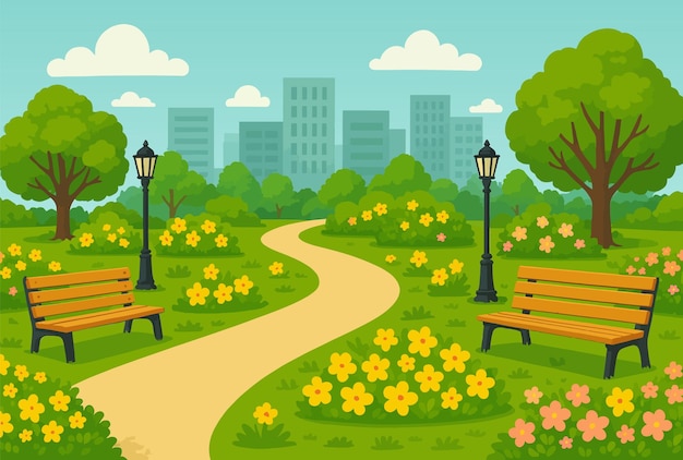 Idyllisch parkbeeld met banken, paden, bomen en de skyline van de stad