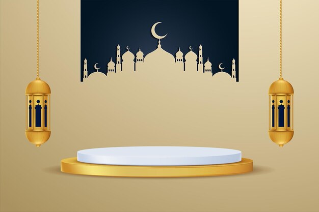 Ied mubarok display podium decoratie achtergrond met islamitisch ornament. vector 3d illustratie