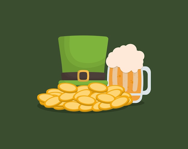 Ierse hoge hoed met bierkruik en muntstukken