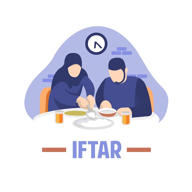 Iftar achtergrond met moslim paar eet samen in de eetkamer