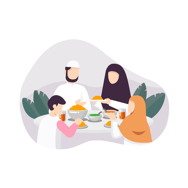 Iftar-achtergrond met moslimfamilie die samen eet in de eetkamer