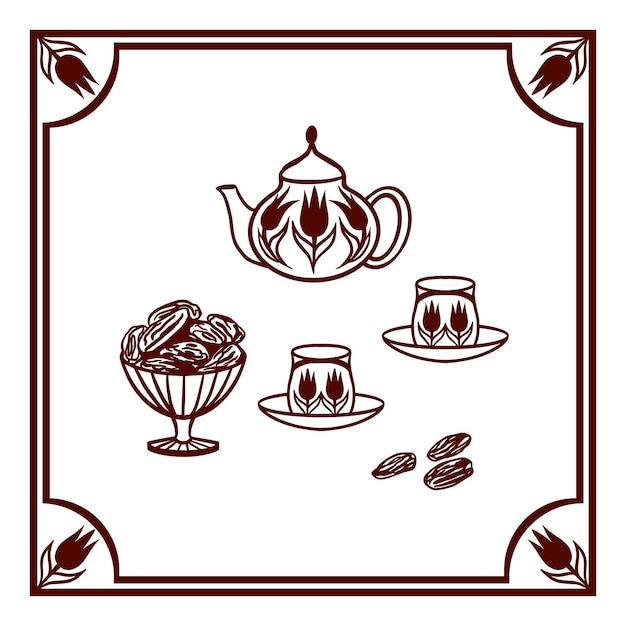 Iftar arrangement with teapot cups and dried dates Ramadan vector illustration Greeting cards holiday banners decorative elements invitations