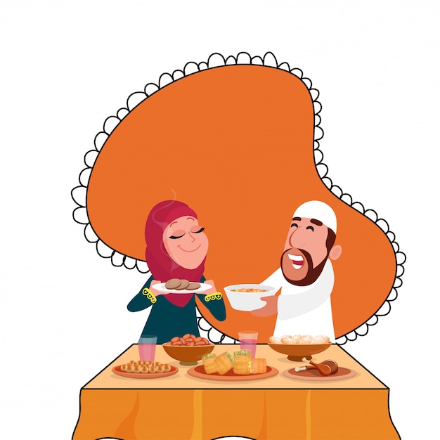 Concetto di iftar con illustrazione di coppia islamica e cibo delizioso con spazio per il tuo