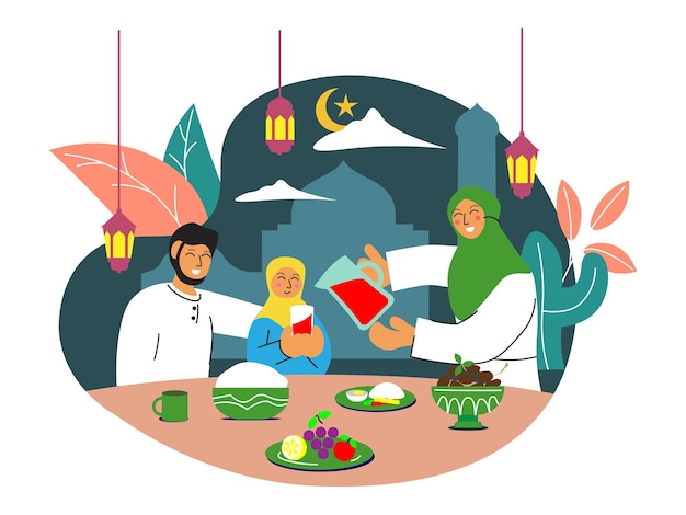 Vettore illustrazione piatta iftar con cibo sul tavolo. la gente prega per l'iftar
