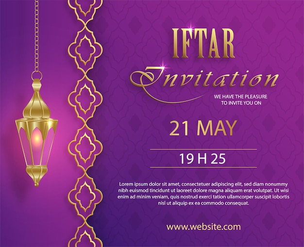 이벤트 및 파티를 위한 종이 색상 배경에 초승달과 금색 패턴이 있는 이슬람 배경의 라마단 카림을 위한 이프타르 초대 카드