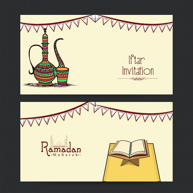 Iftar invitation and ramadan mubarak banners design with arabic jug glass and religious holy quran book on pastel yellow background