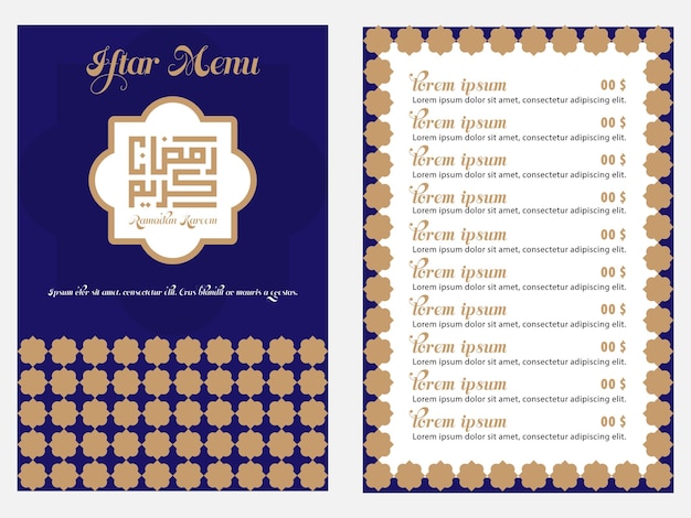 Iftar menu oosterse stijl flyer ontwerpsjabloon met arabesk patroon blauwe kleur