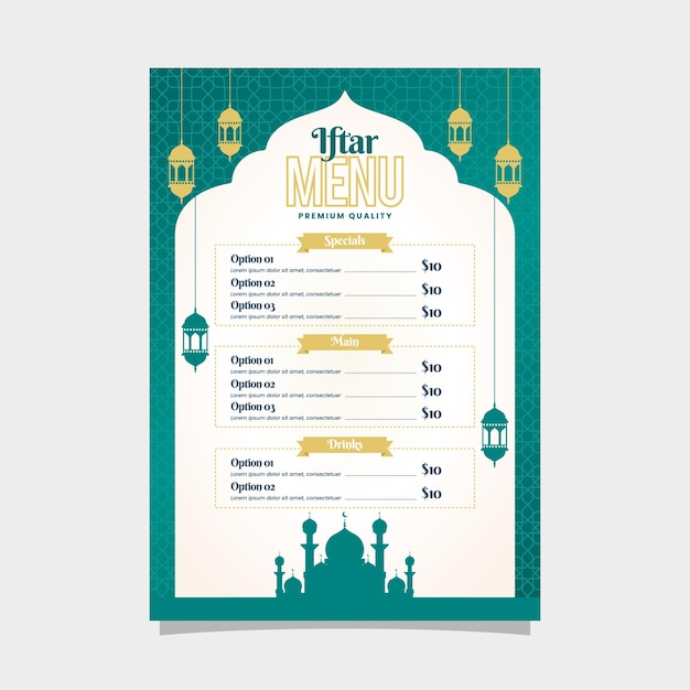 Iftar menu sjabloon in Groen islamitische achtergrond ontwerp goede sjabloon voor restaurant menu ontwerp