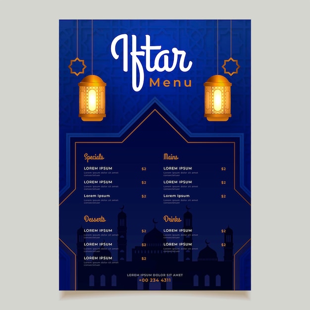 Modello di menu iftar nel mese del ramadan