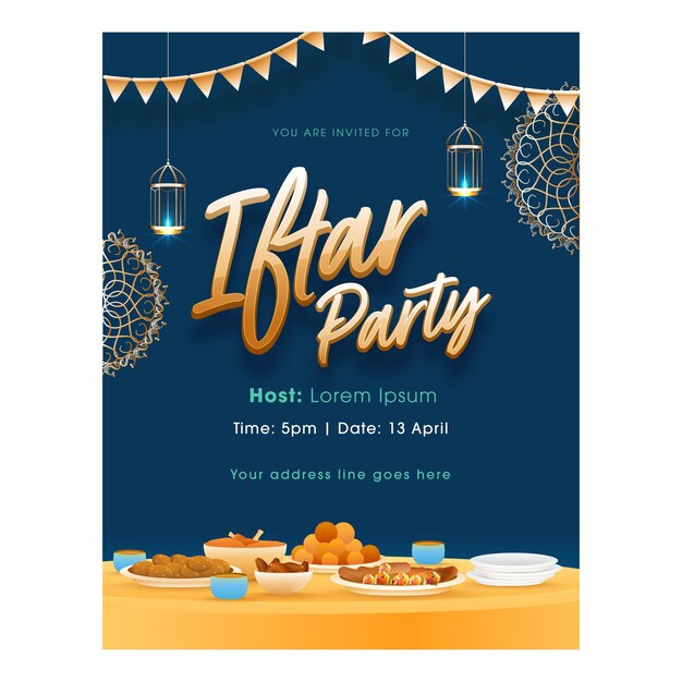 Vector iftar party flyer design with delicious foods and hanging lit lanterns on blue