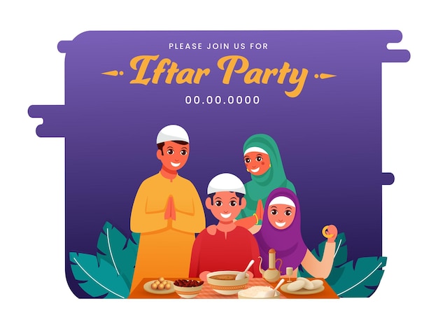 Iftar party flyer, muslim family doing namaste (welcome) with present delicious foods on the occasion of iftar party.