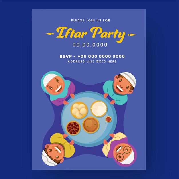 Vector iftar party flyer with muslim people enjoying delicious foods on blue background.