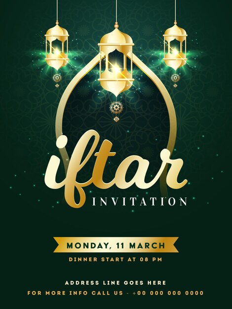 Vector iftar party invitation card flyer design met hanging illuminated golden lanterns op groene achtergrond