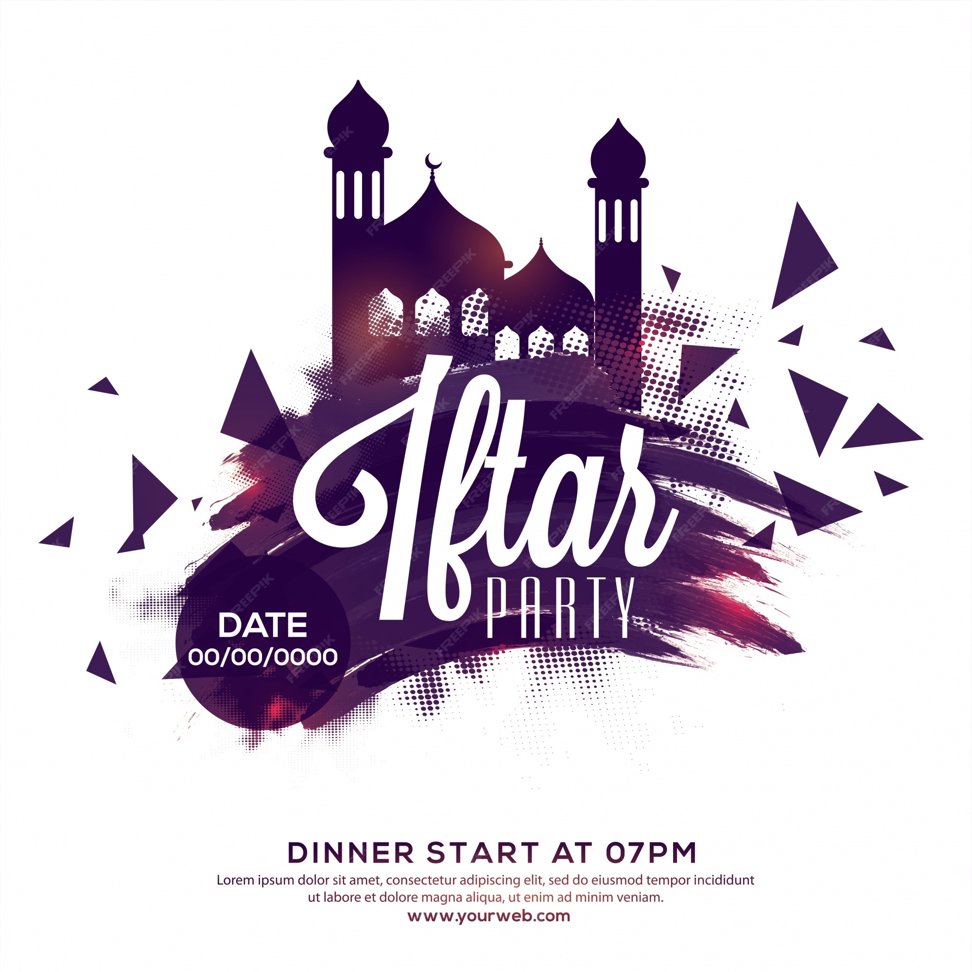 Premium Vector | Iftar party invitation, poster, banner or flyer design,  abstract background with mosque, brush strokes and halftone dotted effect  for islamic festival concept.