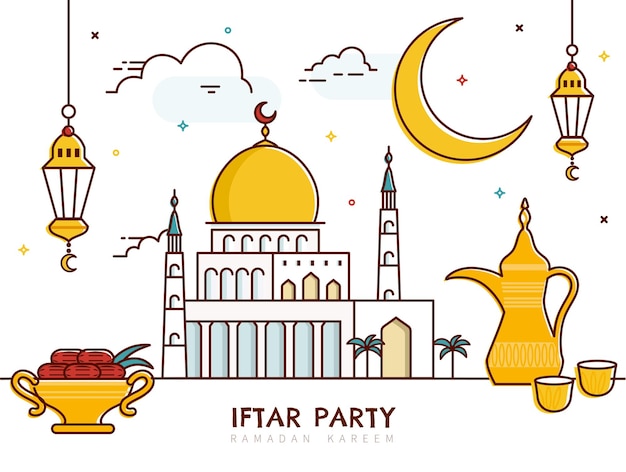 모스크와 대추 야자와 함께 Iftar 파티 라인 스타일 디자인