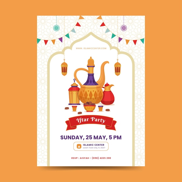 Iftar poster template. ramadan kareem background with elegant mandala, lantern, dates and teapot