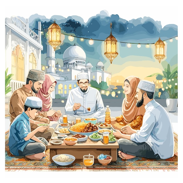 Vector iftar ramadan with family moslem tradition