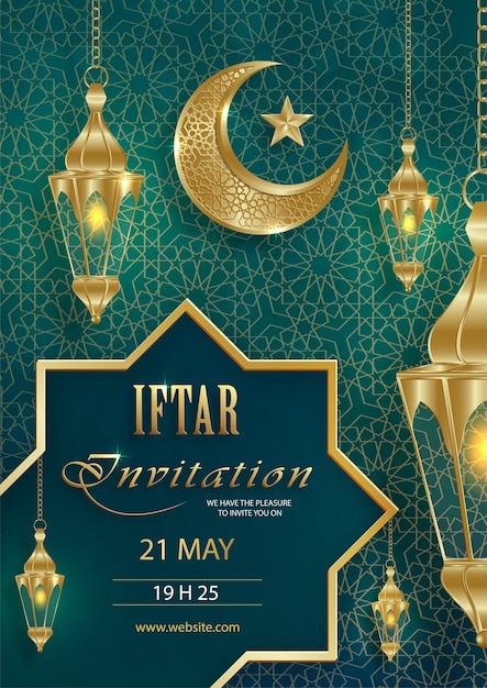 Iftar uitnodigingskaart voor Ramadan Kareem op islamitische achtergrond met wassende maan en gouden patroon op papier kleur backgroung voor evenement en feest