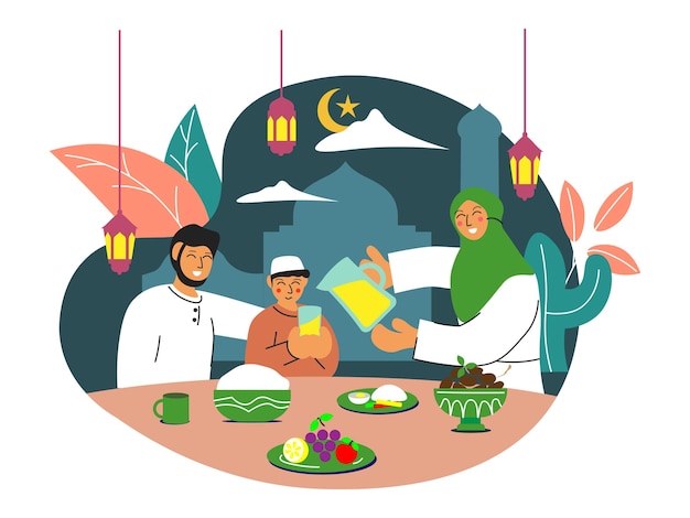 Vector iftar vlakke afbeelding met eten op tafel. mensen bidden voor iftar