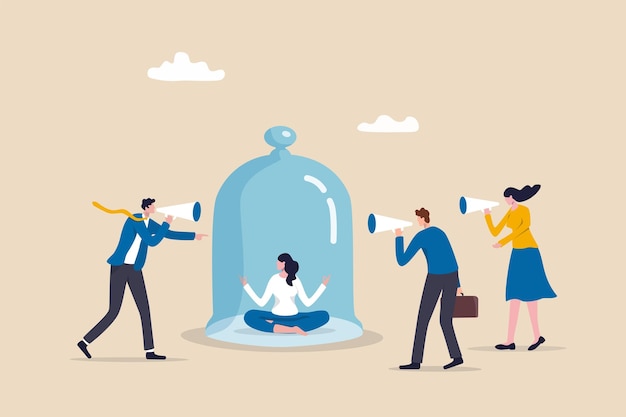 Ignore noise or distraction keep calm and avoid conflict or problem challenge to survive in toxic workplace concept businesswoman meditating and keep calm under covered to ignore people noise