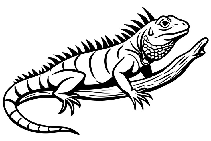 Vector iguana on branch in black and white embracing nature vector illustration on white background