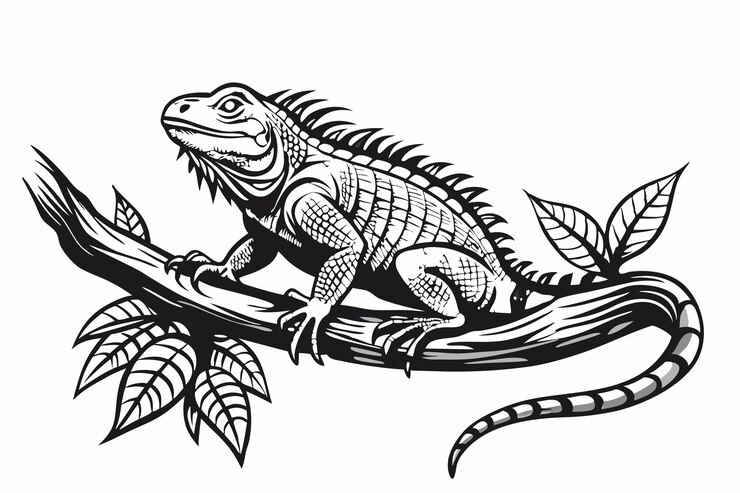 Vector iguana on branch in black and white embracing nature vector illustration on white background