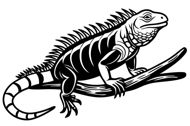 Vector iguana on branch in black and white embracing nature vector illustration on white background