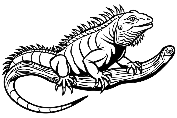 Vector iguana on branch in black and white embracing nature vector illustration on white background