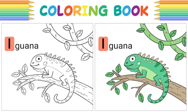 Vector iguana coloring book for kids hand drawing animal