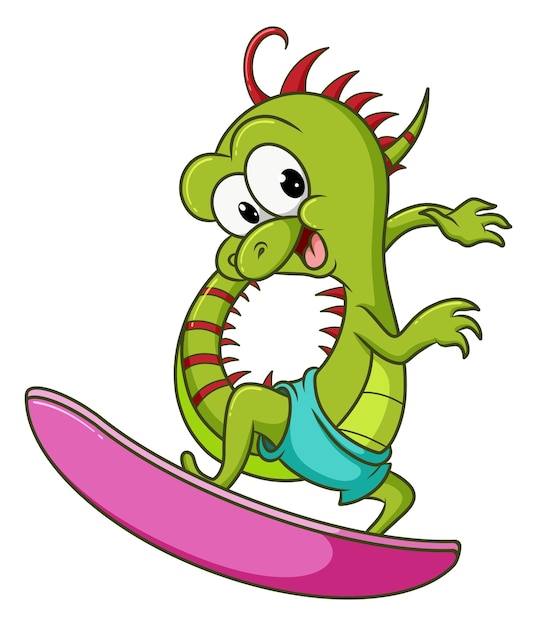 The iguana is doing the surfing on the wave of illustration