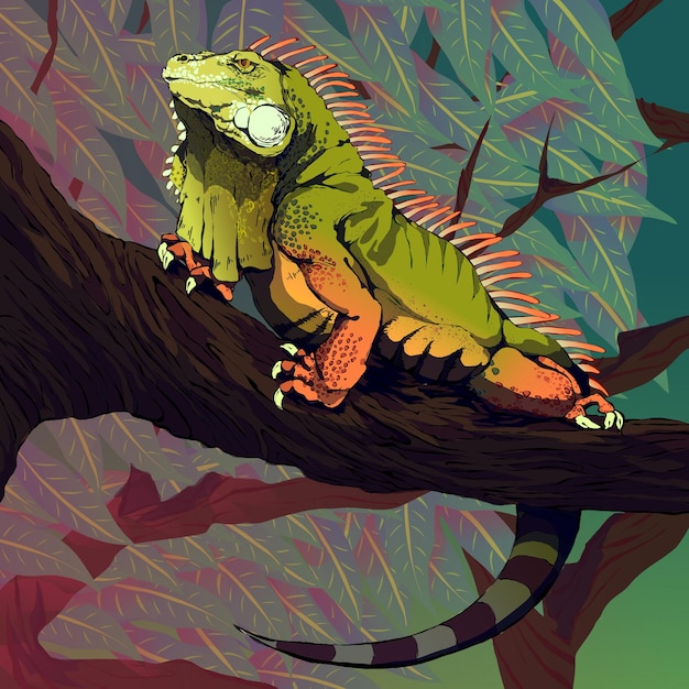 Iguana perched on a branch with leaves in the background