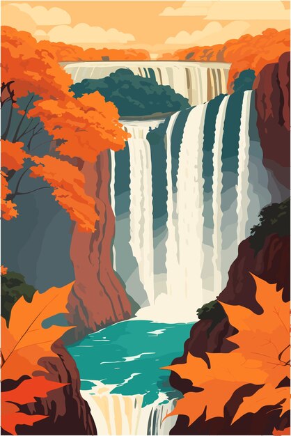 Vector iguazu falls from brazil in the fall season with warm colors flat illustration