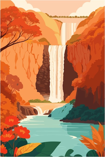 Vector iguazu falls from brazil in the spring season with warm colors flat illustration