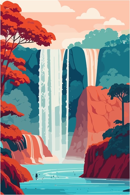 Iguazu Falls from brazil in the spring season with warm colors flat illustration