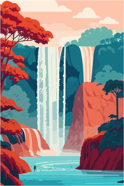 Vector iguazu falls from brazil in the spring season with warm colors flat illustration