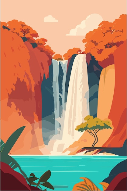 Vector iguazu falls from brazil in the summer season with warm colors flat illustration